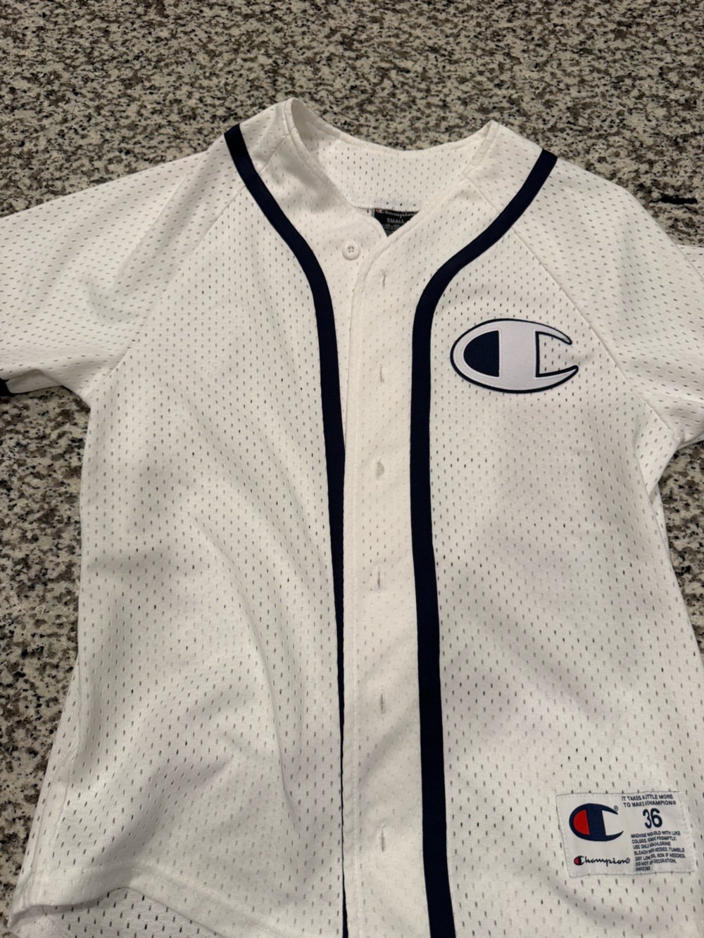 Champion  White Mesh Baseball-Style Shirt with Navy Trim